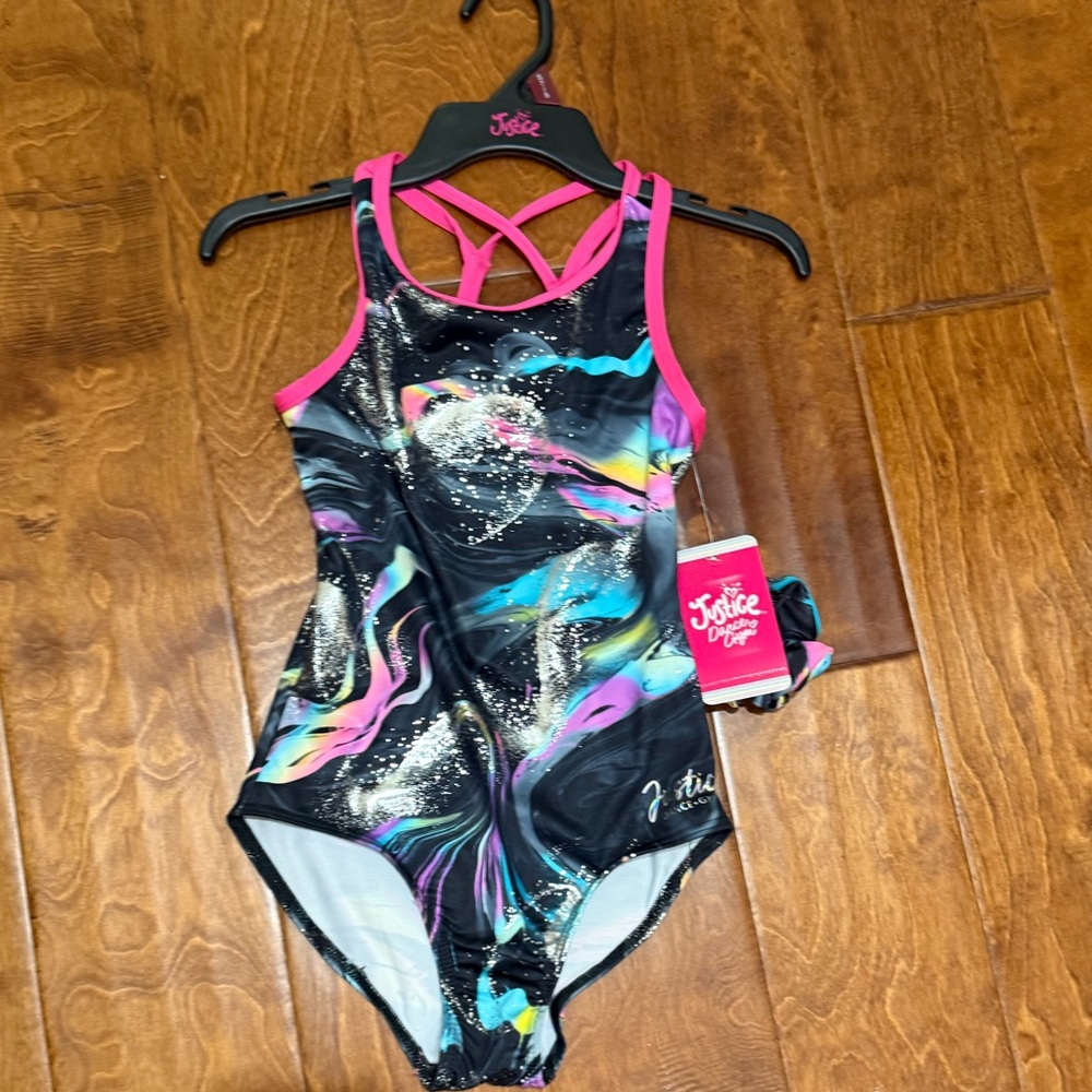 NWT size Small 7/8 Black and Colorful Swirl Leotard with Scrunchie